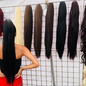 1 Jet Black Bone Straight Ponytail Clip on Hair